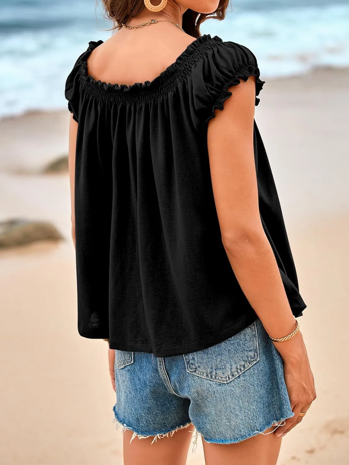 Tankaneo Women Summer Tie Front Tank Tops Cap Sleeve Pleated Babydoll Tops Casual Loose Fit Going Out Flowy Shirt
