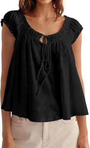 Tankaneo Women Summer Tie Front Tank Tops Cap Sleeve Pleated Babydoll Tops Casual Loose Fit Going Out Flowy Shirt