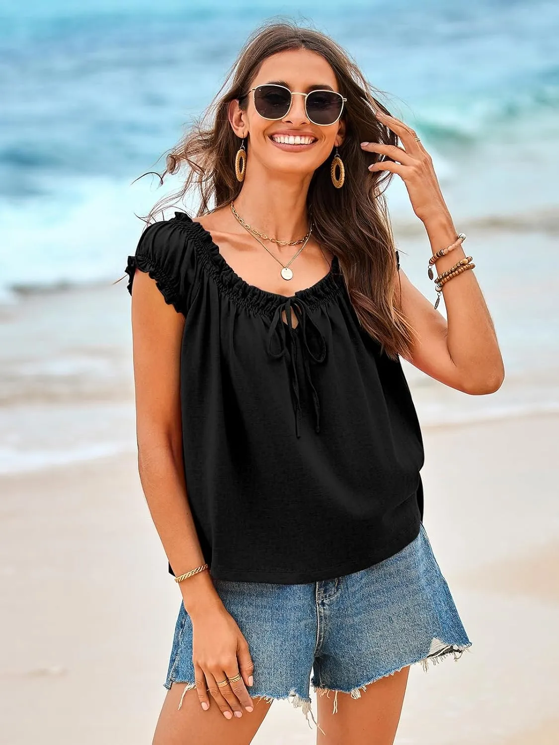 Tankaneo Women Summer Tie Front Tank Tops Cap Sleeve Pleated Babydoll Tops Casual Loose Fit Going Out Flowy Shirt