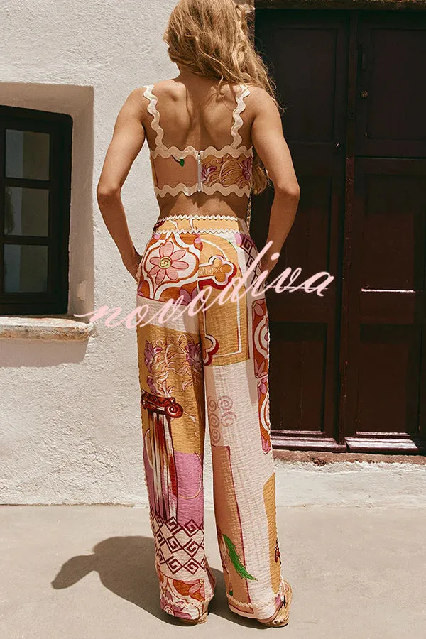 Tia Linen Blend Ric Rac Trims Unique Print Tank   Shirt   Pocketed Pants Set （3pieces）