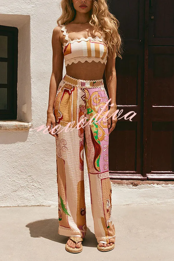 Tia Linen Blend Ric Rac Trims Unique Print Tank   Shirt   Pocketed Pants Set （3pieces）