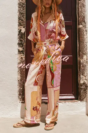 Tia Linen Blend Ric Rac Trims Unique Print Tank   Shirt   Pocketed Pants Set （3pieces）