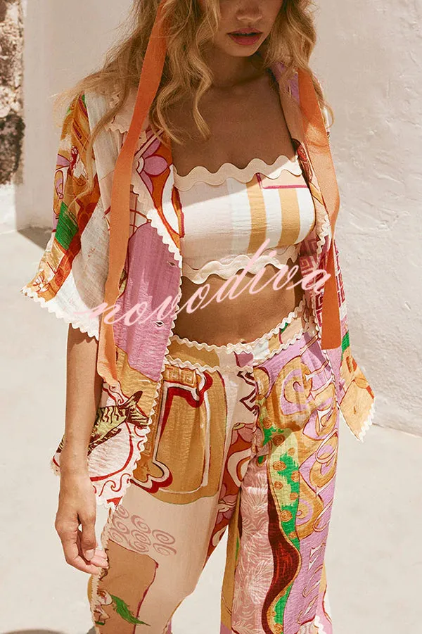 Tia Linen Blend Ric Rac Trims Unique Print Tank   Shirt   Pocketed Pants Set （3pieces）
