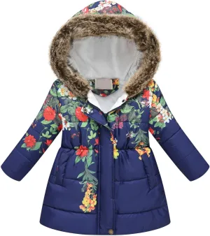 Toddler Girls Thick Warm Hooded Down Floral Print Puffer Winter Long Sleeve Fashion Soft Coat Coat And Snow Pants Girls