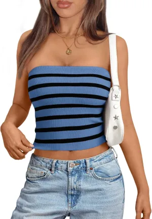 Trendy Queen Women Striped Tube Tops Strapless Going Out Backless Sleeveless Sexy Cute Y2k Knit Crop Summer Clothes 2025