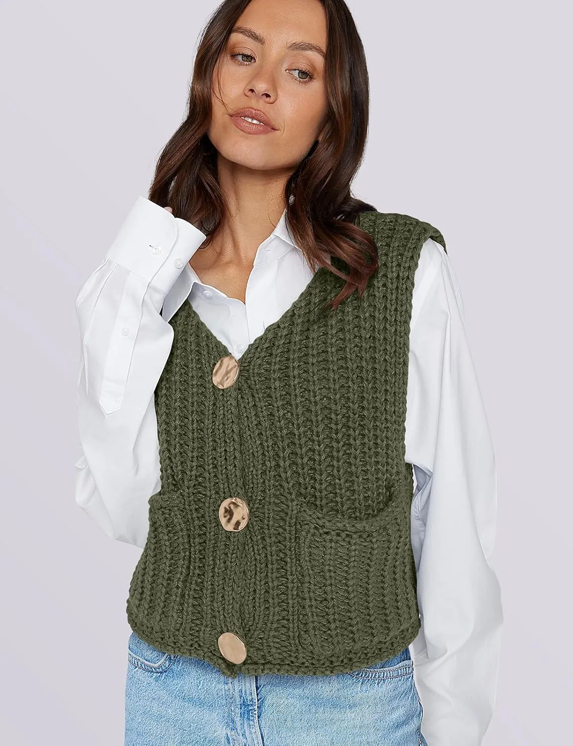 UEU Womens Chunky Sweater Vest Button Down Sleeveless Cardigan V Neck Crop Crochet Knit Tops 2025 Fashion Trendy Clothes