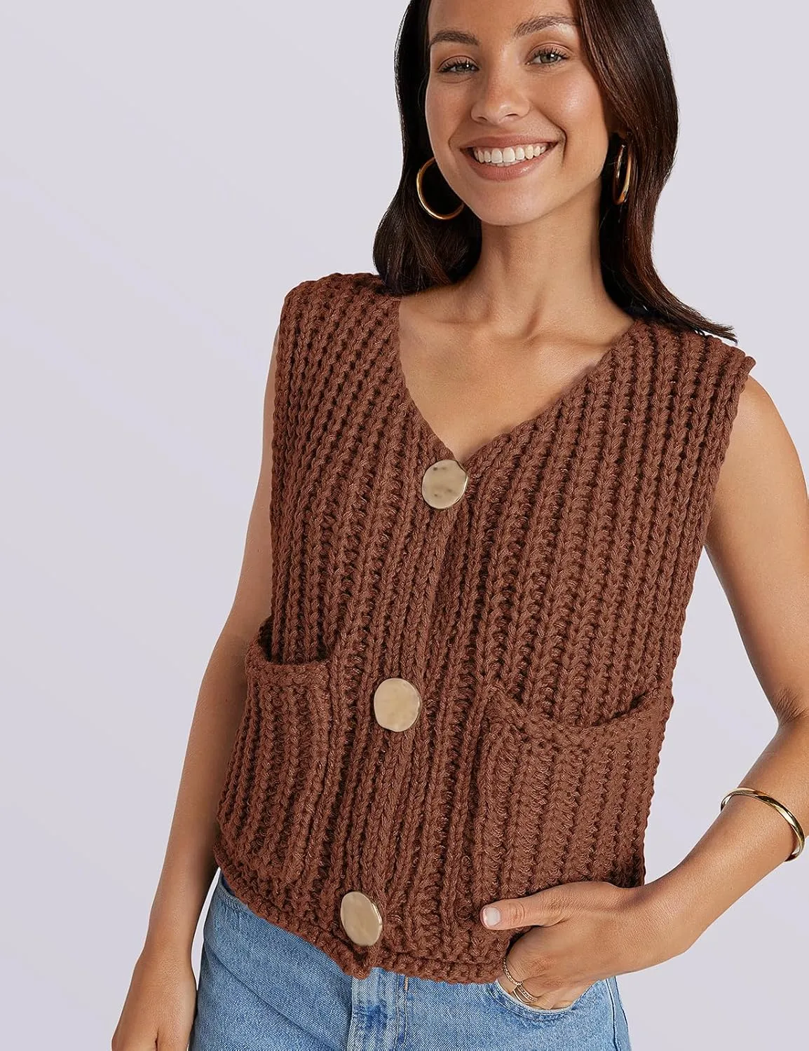 UEU Womens Chunky Sweater Vest Button Down Sleeveless Cardigan V Neck Crop Crochet Knit Tops 2025 Fashion Trendy Clothes