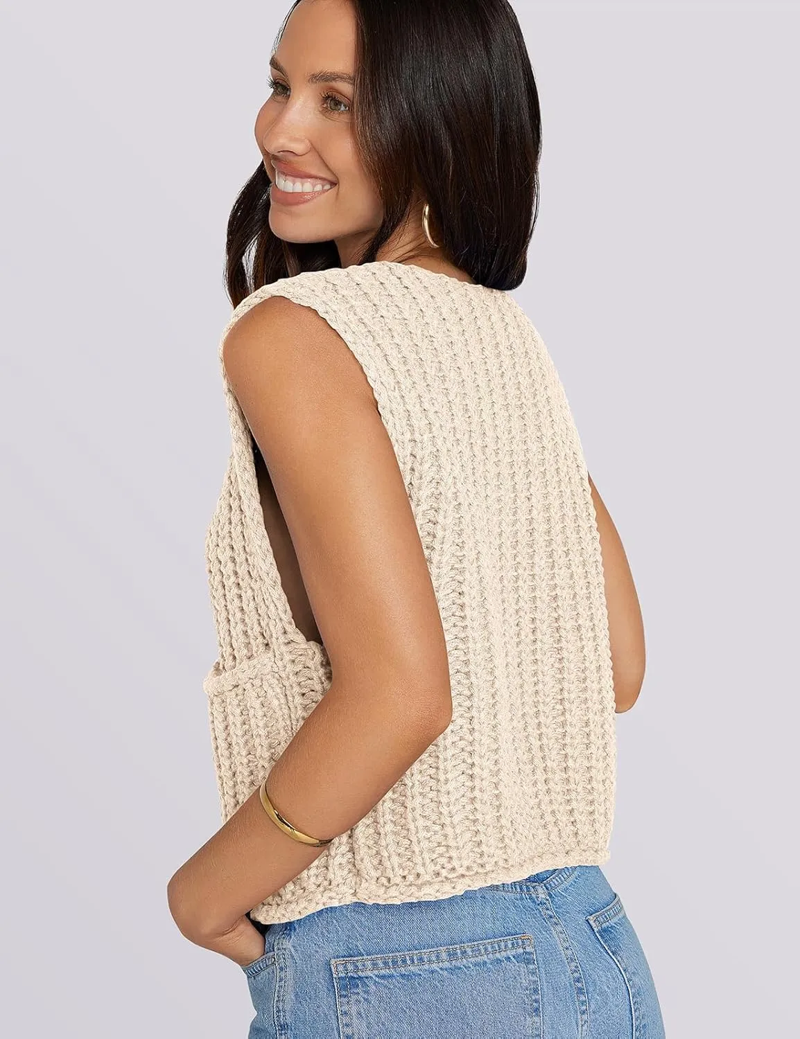 UEU Womens Chunky Sweater Vest Button Down Sleeveless Cardigan V Neck Crop Crochet Knit Tops 2025 Fashion Trendy Clothes