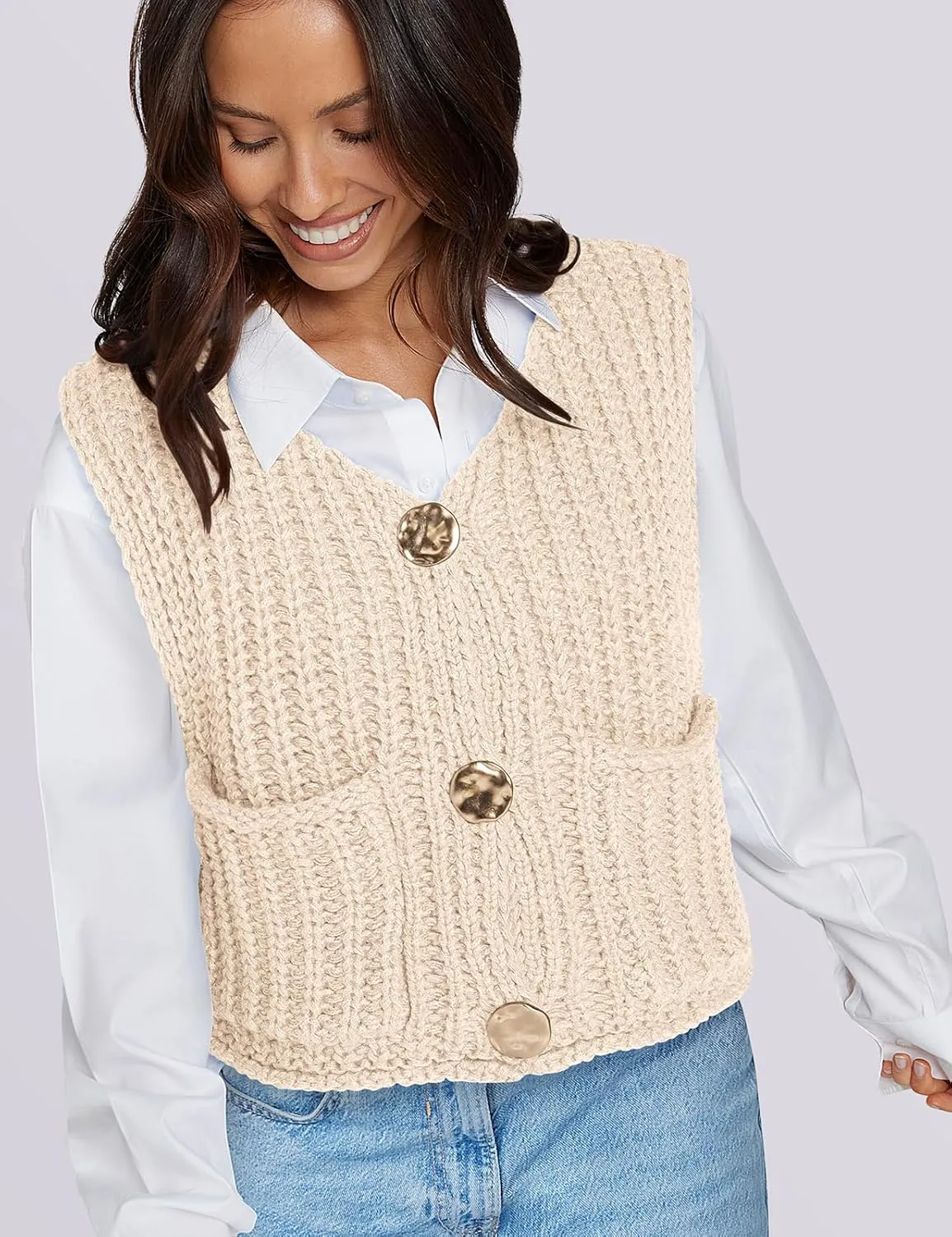 UEU Womens Chunky Sweater Vest Button Down Sleeveless Cardigan V Neck Crop Crochet Knit Tops 2025 Fashion Trendy Clothes