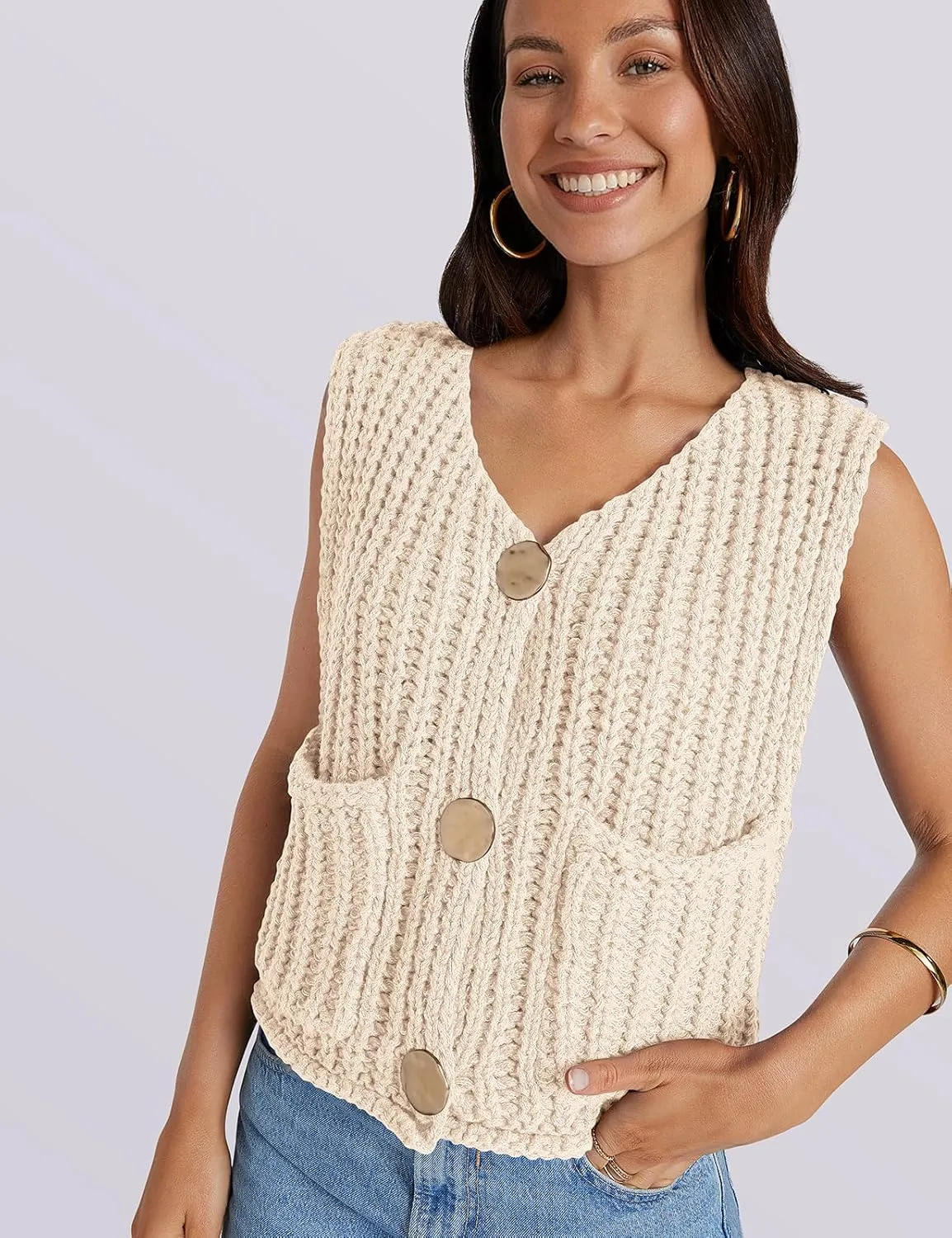 UEU Womens Chunky Sweater Vest Button Down Sleeveless Cardigan V Neck Crop Crochet Knit Tops 2025 Fashion Trendy Clothes