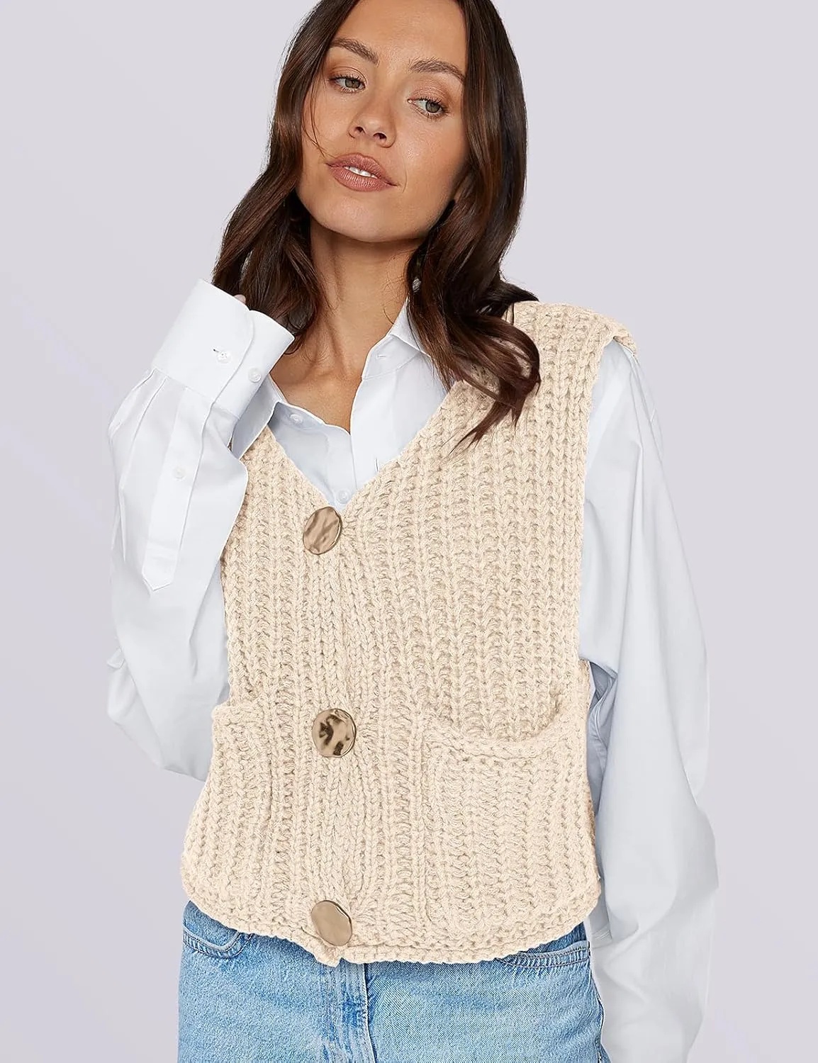 UEU Womens Chunky Sweater Vest Button Down Sleeveless Cardigan V Neck Crop Crochet Knit Tops 2025 Fashion Trendy Clothes