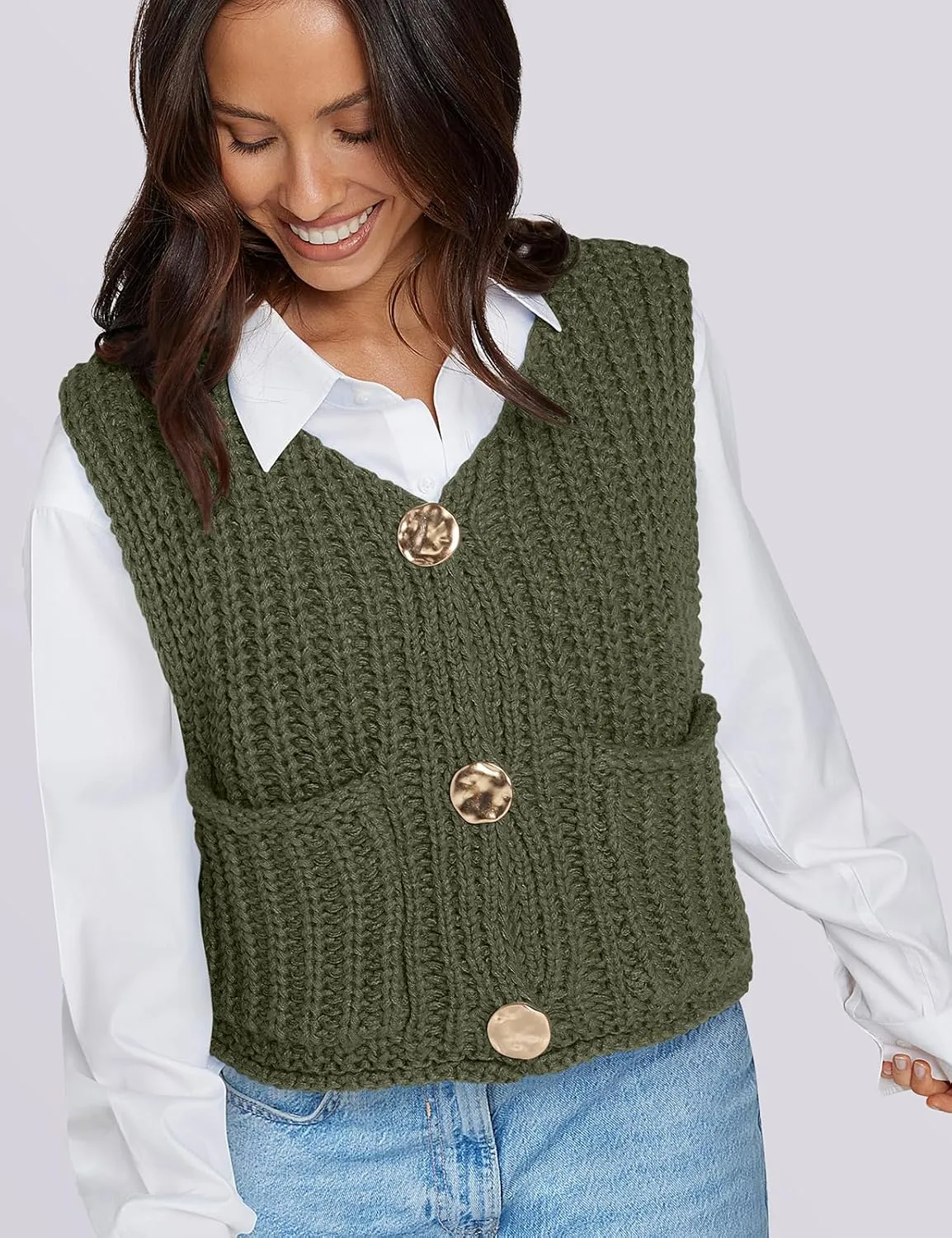 UEU Womens Chunky Sweater Vest Button Down Sleeveless Cardigan V Neck Crop Crochet Knit Tops 2025 Fashion Trendy Clothes