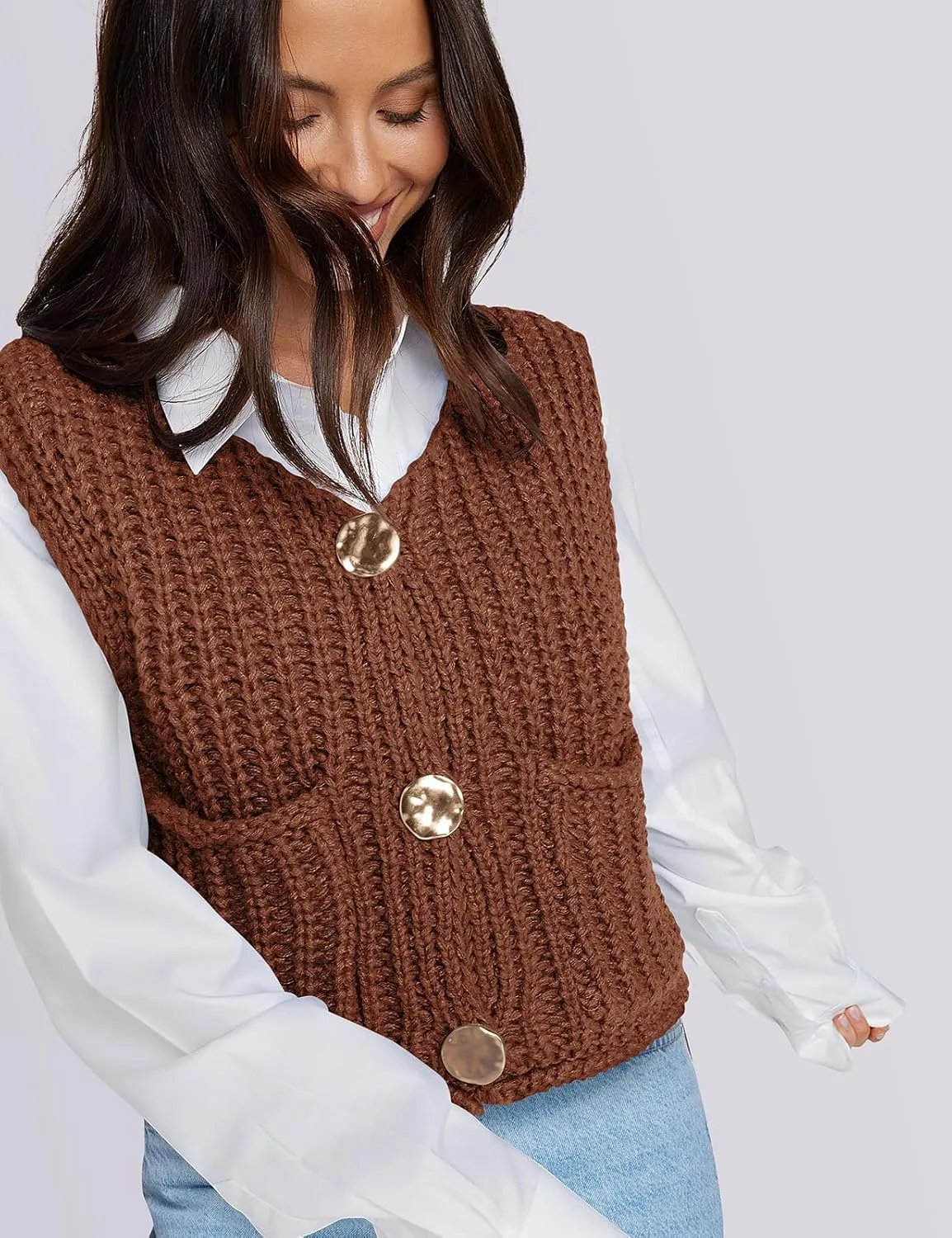 UEU Womens Chunky Sweater Vest Button Down Sleeveless Cardigan V Neck Crop Crochet Knit Tops 2025 Fashion Trendy Clothes