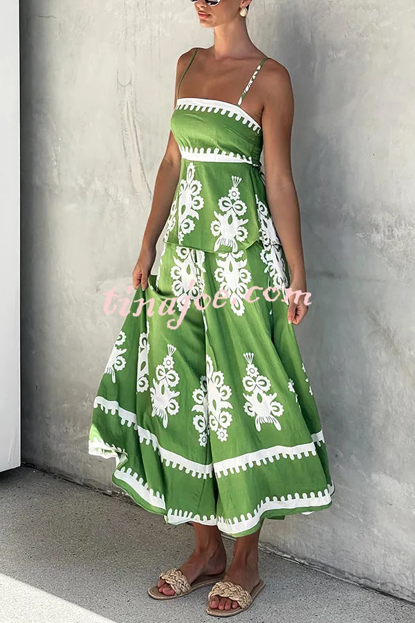 Unique Ethnic Print Suspender Pleated Top and Elastic Waist Loose Wide-leg Pants Set