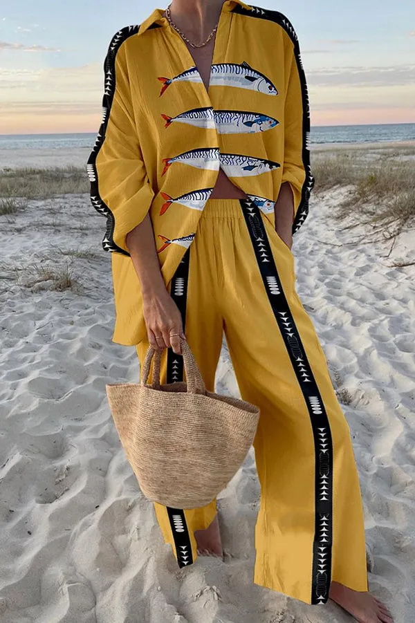 Unique Ocean Print Oversized Shirt and Elastic Waist Pocket Pants Set