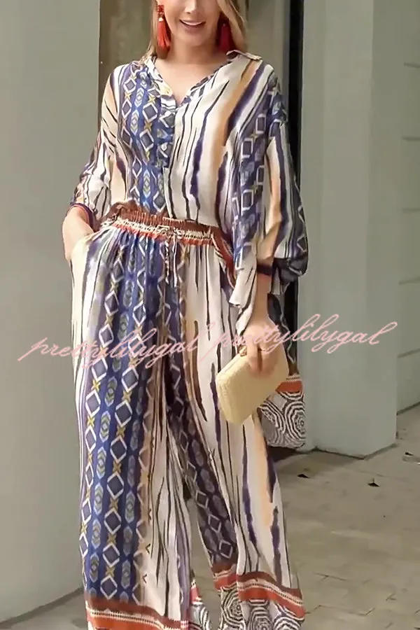 Unique Printed Long-sleeved Shirt Top and Elasticated Waist and Loose Pocket Pants Set