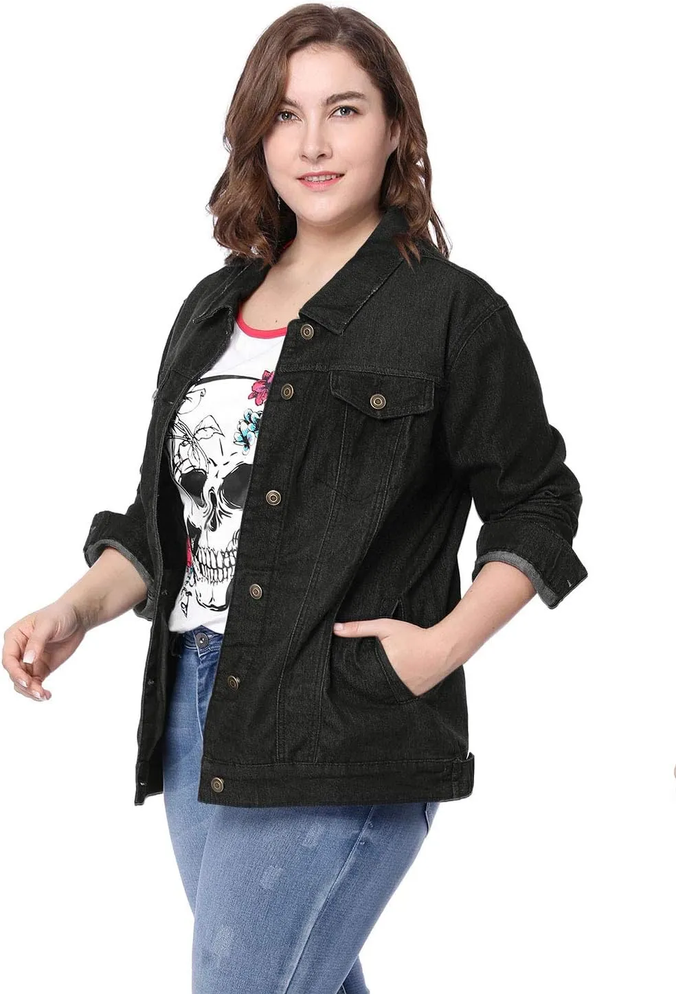 uxcell Women's Plus Size Jean Jacket Stitching Button Front Washed Western Outfit Denim Jacket