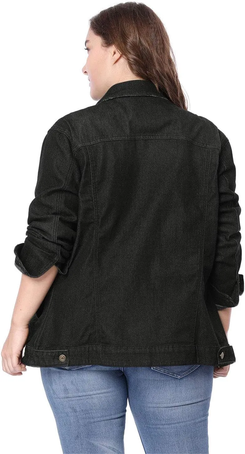 uxcell Women's Plus Size Jean Jacket Stitching Button Front Washed Western Outfit Denim Jacket