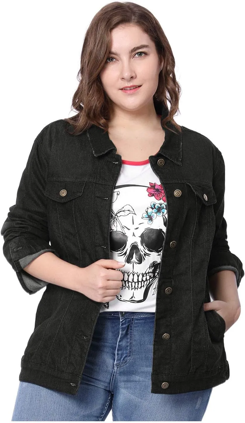 uxcell Women's Plus Size Jean Jacket Stitching Button Front Washed Western Outfit Denim Jacket