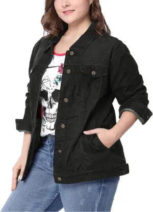 uxcell Women's Plus Size Jean Jacket Stitching Button Front Washed Western Outfit Denim Jacket