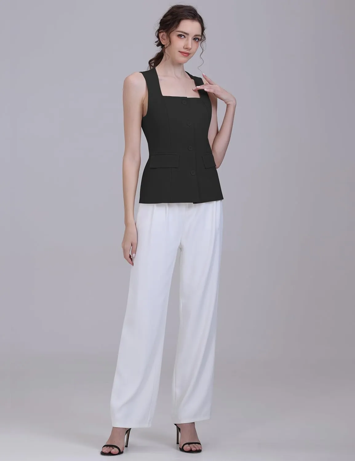 V VOCNI Women's Dressy Square Neck Sleeveless Suit & Casual Waistcoat