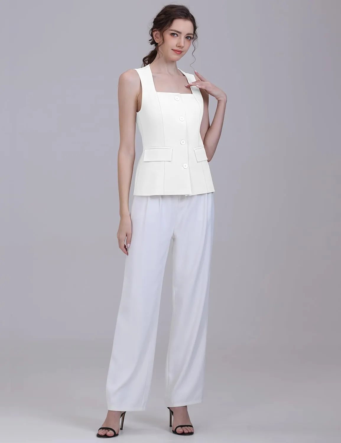 V VOCNI Women's Dressy Square Neck Sleeveless Suit & Casual Waistcoat