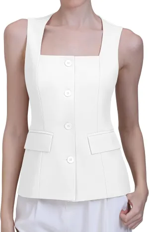 V VOCNI Women's Dressy Square Neck Sleeveless Suit & Casual Waistcoat