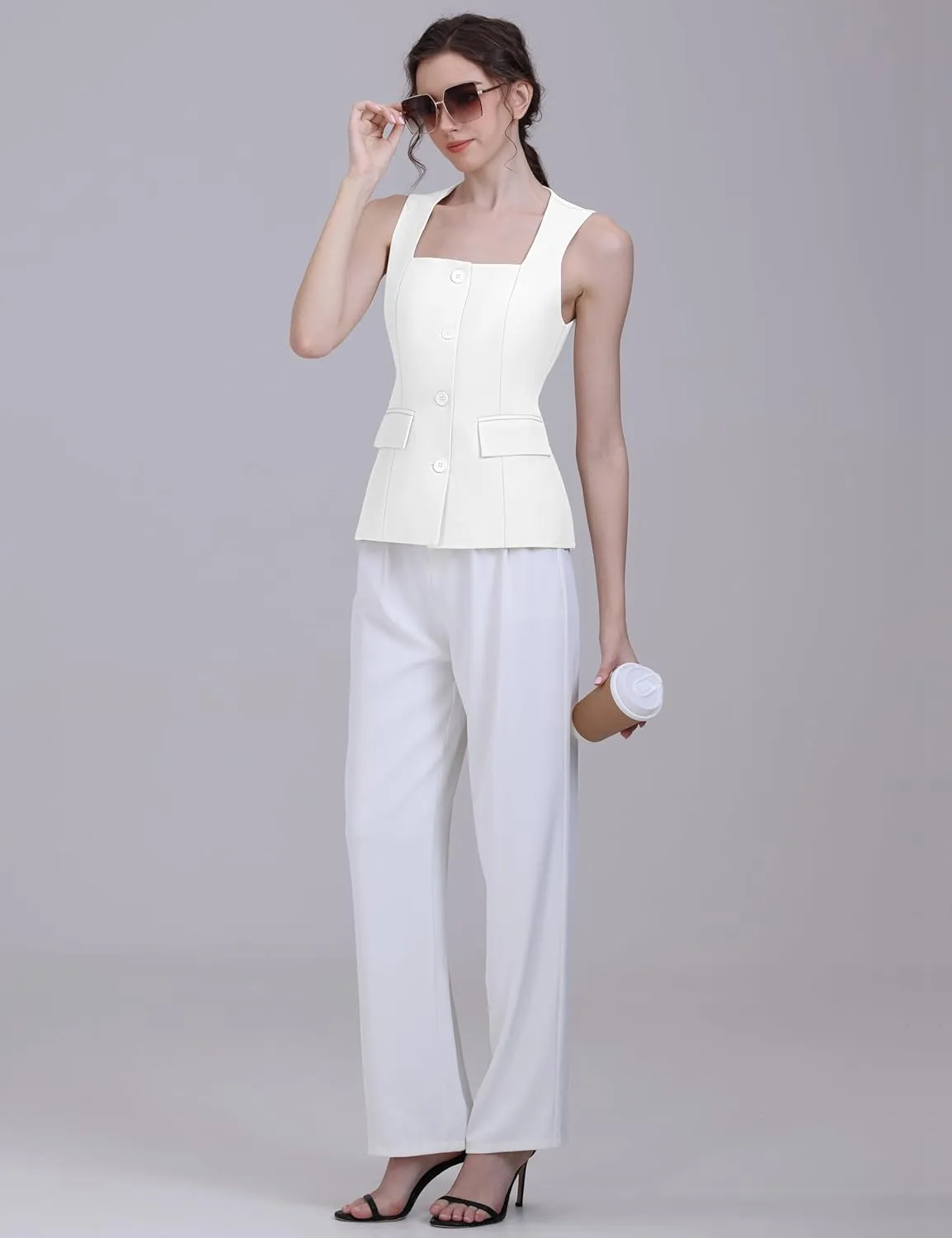 V VOCNI Women's Dressy Square Neck Sleeveless Suit & Casual Waistcoat