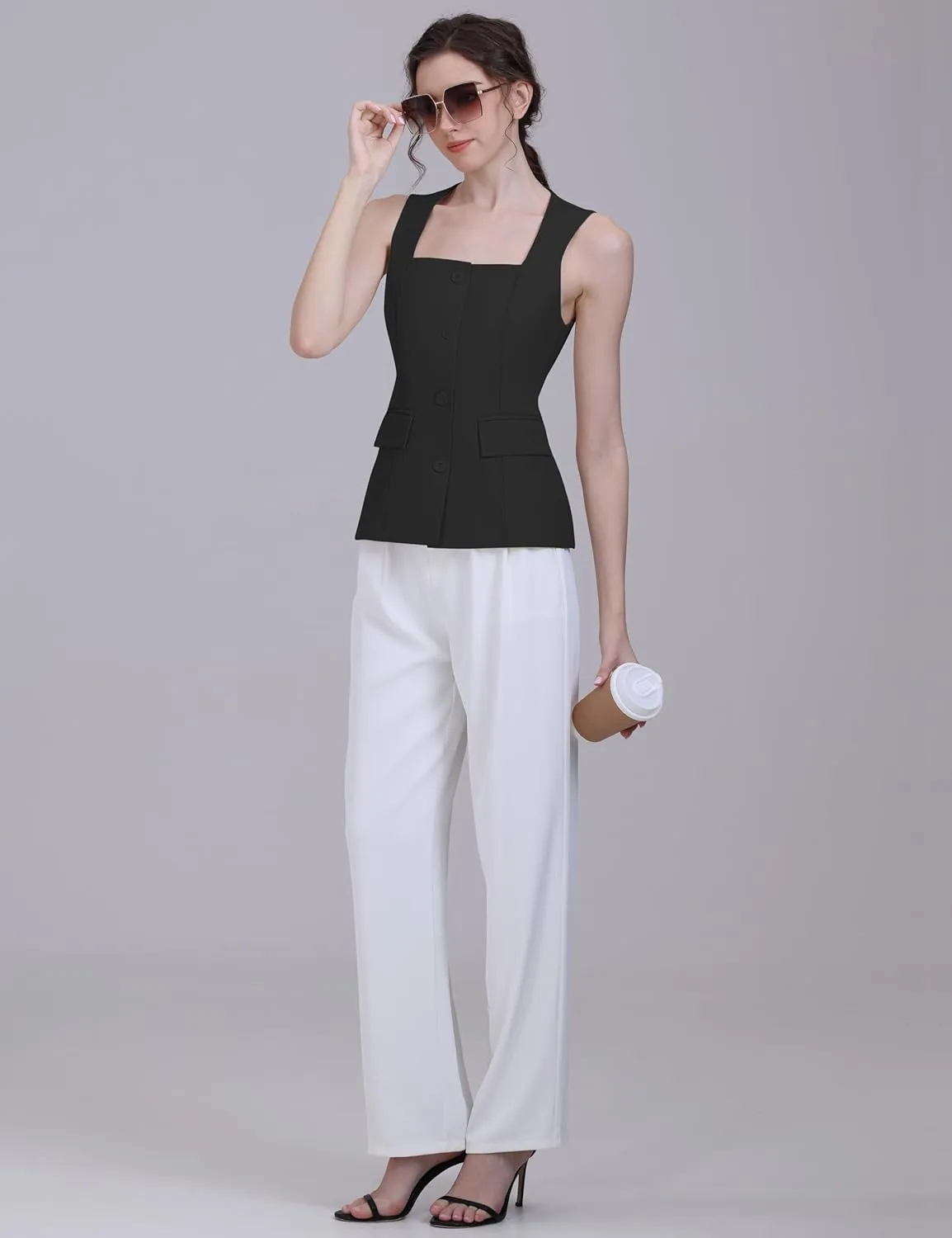 V VOCNI Women's Dressy Square Neck Sleeveless Suit & Casual Waistcoat