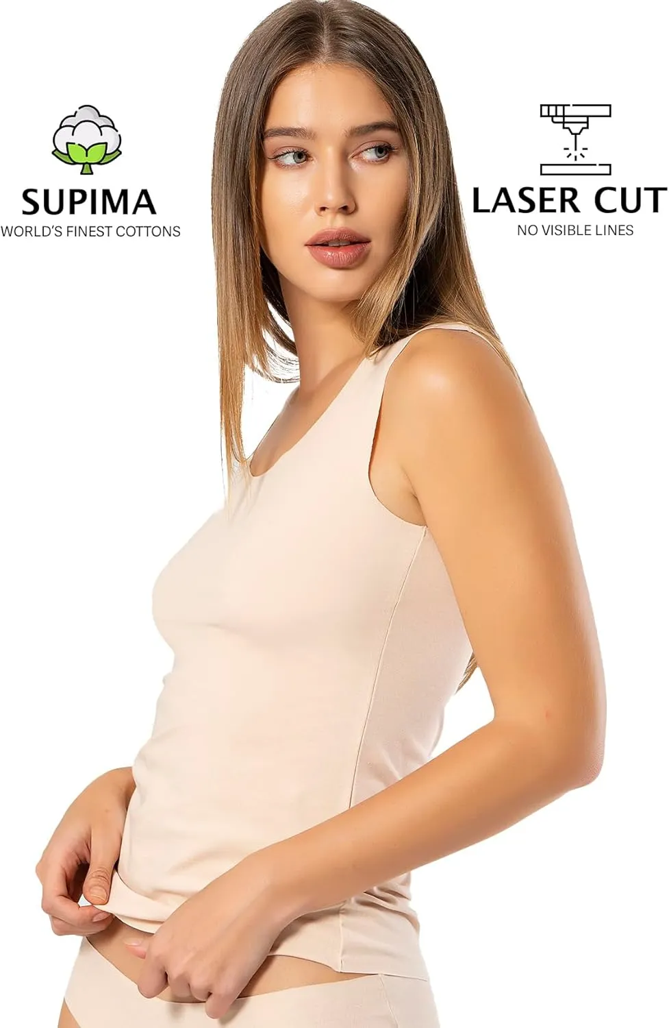 VAVONNE Pima Cotton Tank Tops for Women, Laser Cut Basic Scoop Neck Camisole Undershirt