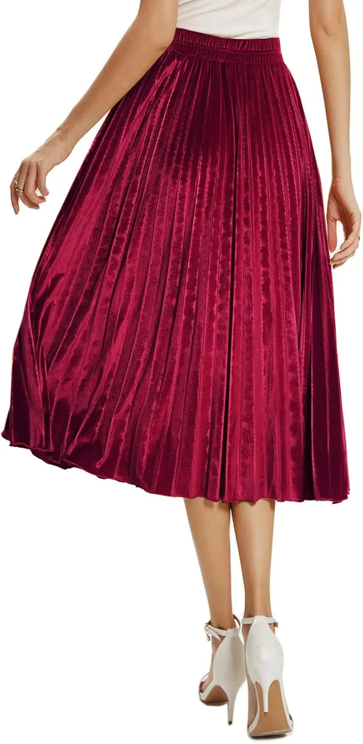 Velvet Skirt for Women Elastic Waist Metallic Accordion Midi Pleated Skirts Christmas