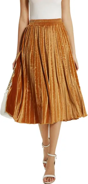 Velvet Skirt for Women Elastic Waist Metallic Accordion Midi Pleated Skirts Christmas