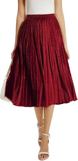 Velvet Skirt for Women Elastic Waist Metallic Accordion Midi Pleated Skirts Christmas