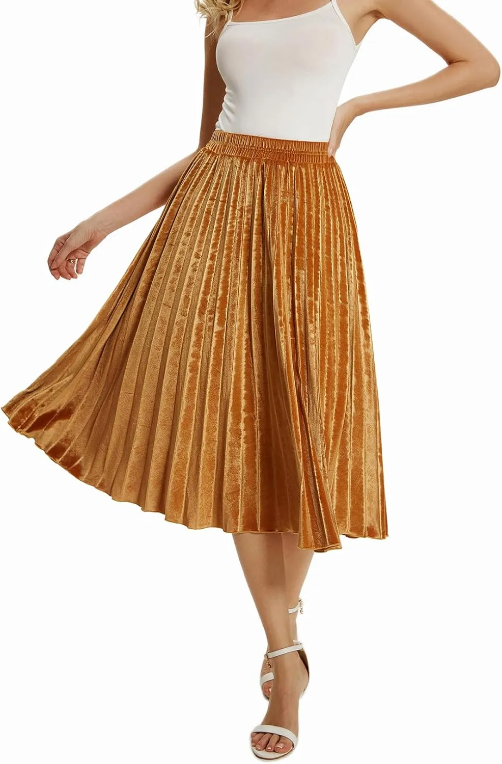Velvet Skirt for Women Elastic Waist Metallic Accordion Midi Pleated Skirts Christmas