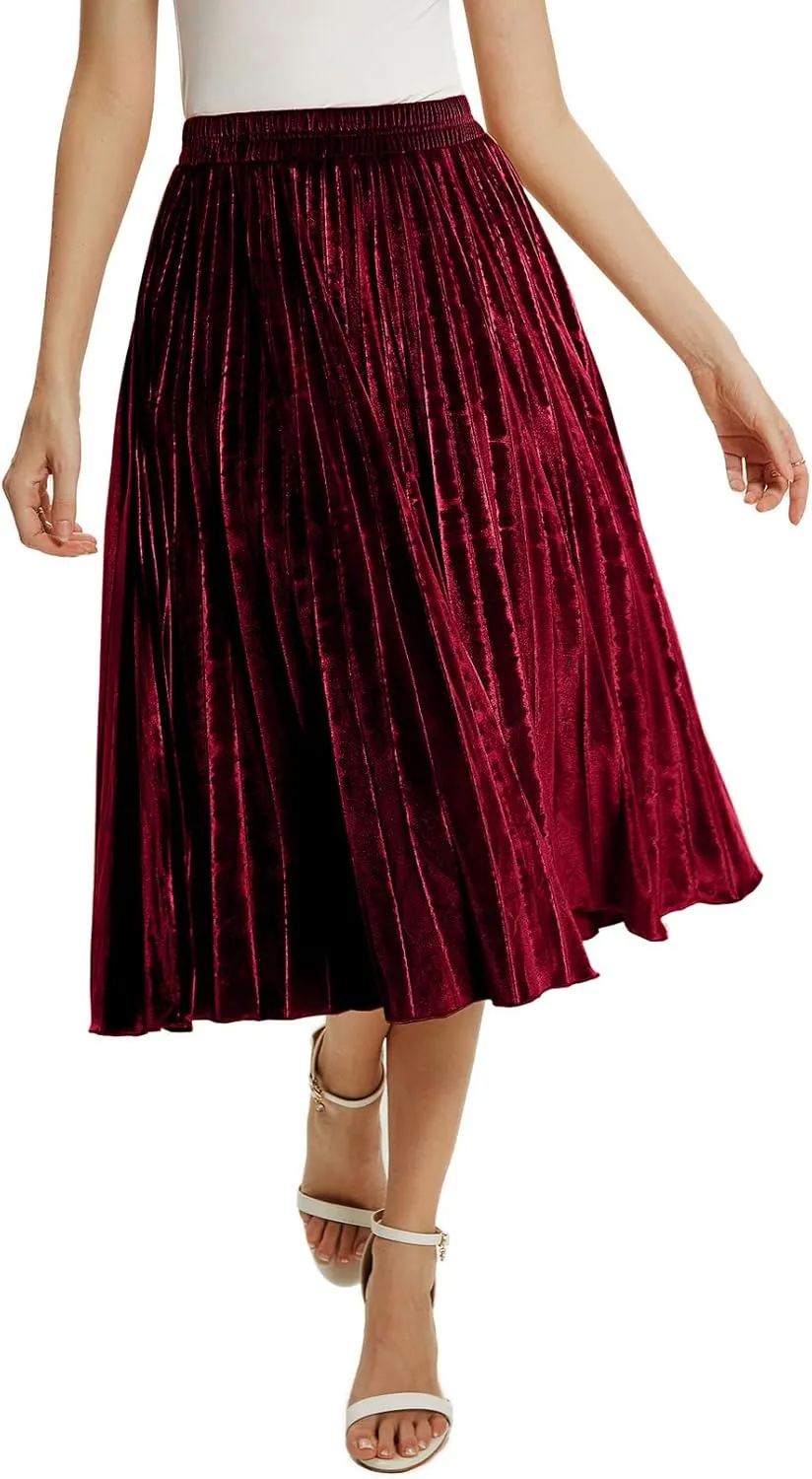 Velvet Skirt for Women Elastic Waist Metallic Accordion Midi Pleated Skirts Christmas