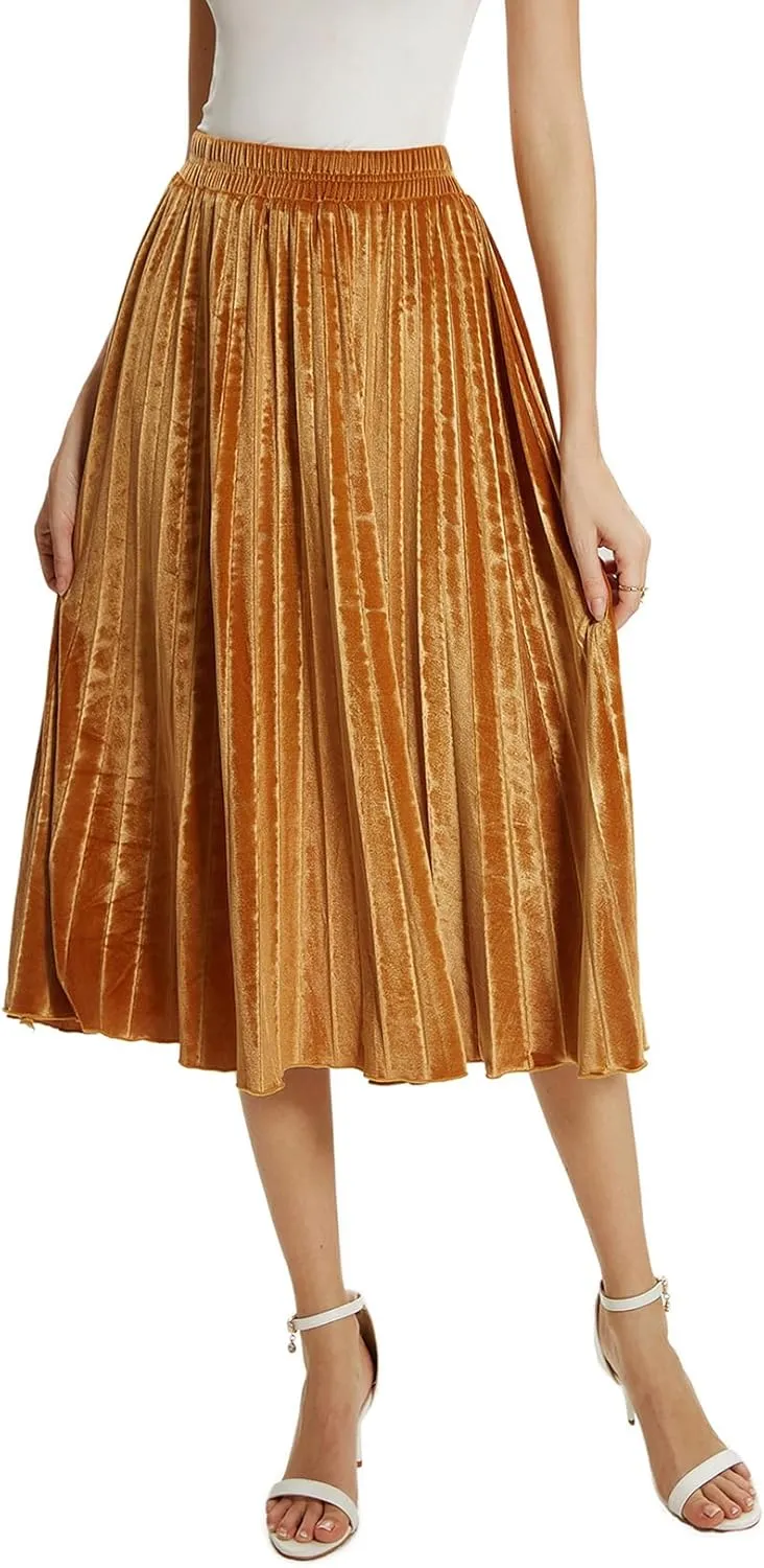 Velvet Skirt for Women Elastic Waist Metallic Accordion Midi Pleated Skirts Christmas