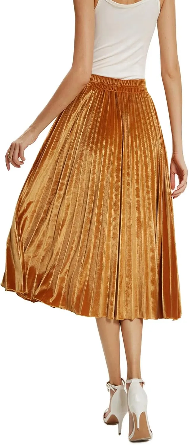 Velvet Skirt for Women Elastic Waist Metallic Accordion Midi Pleated Skirts Christmas