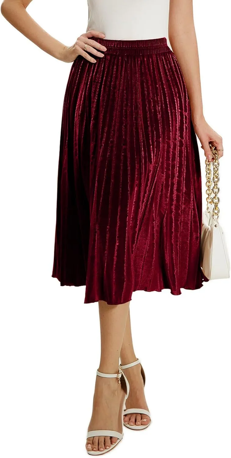 Velvet Skirt for Women Elastic Waist Metallic Accordion Midi Pleated Skirts Christmas
