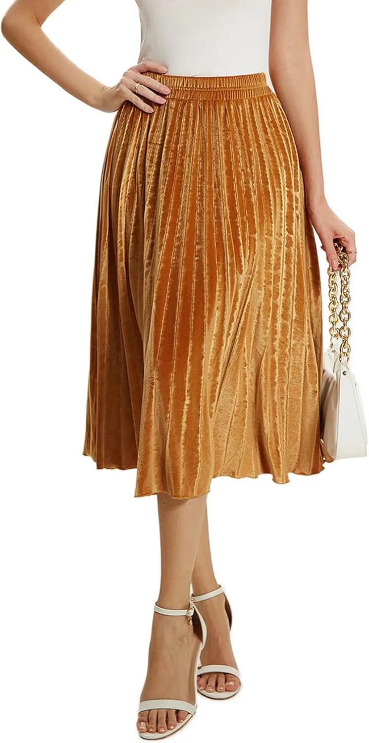 Velvet Skirt for Women Elastic Waist Metallic Accordion Midi Pleated Skirts Christmas