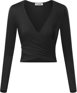 VETIOR Women's Sexy Deep V Neck Short Sleeve Unique Slim Fit Cross Wrap Shirts Crop Tops Going Out Tops