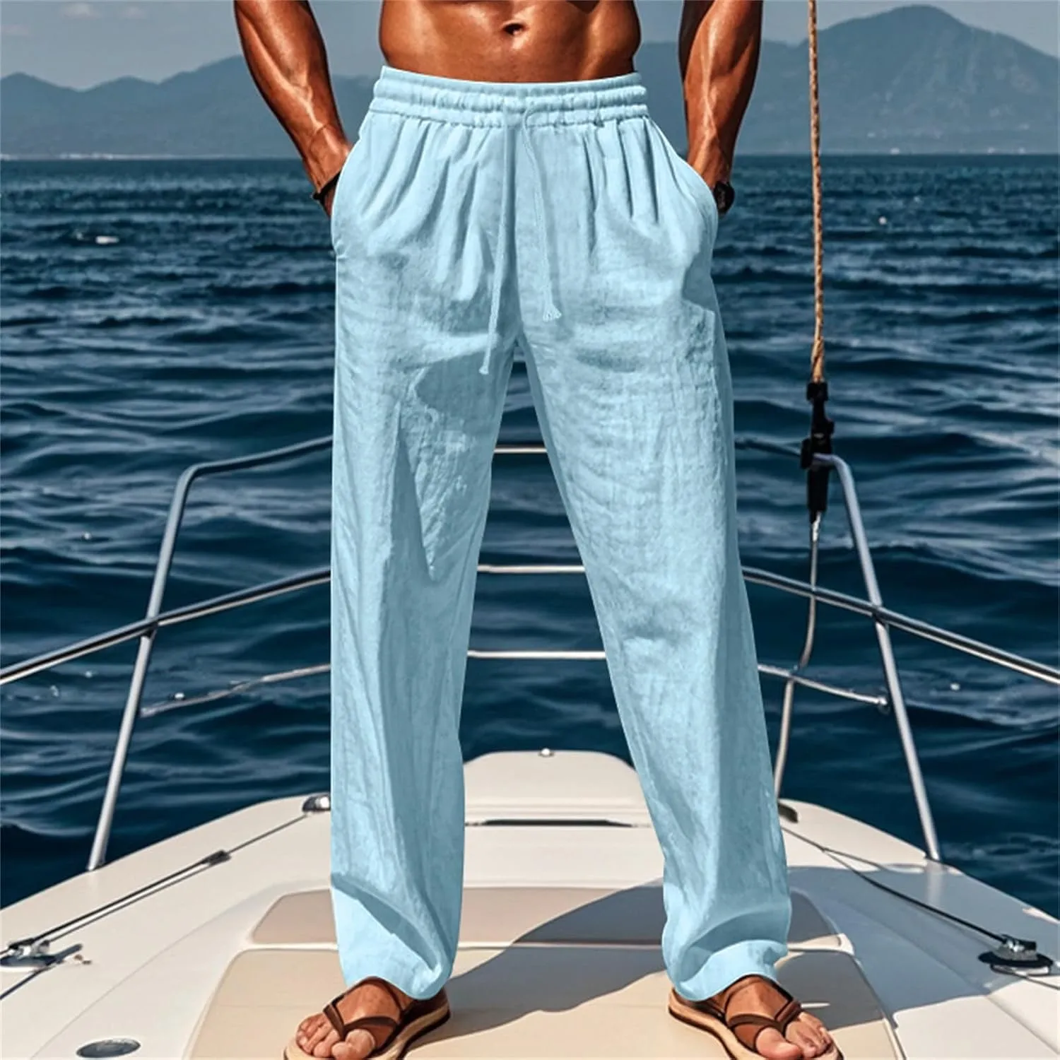 Vickyleb Mens Cotton Linen Pants Casual Straight Legs Loose Summer Beach Loose Trousers with Elastic Waist Drawstring