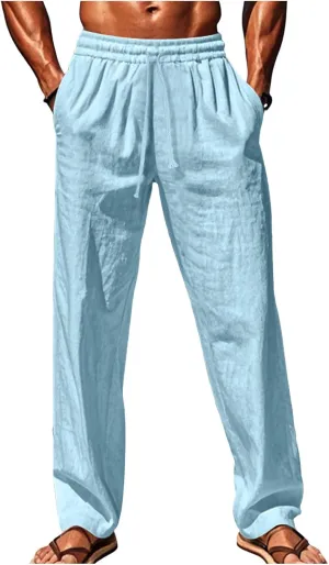 Vickyleb Mens Cotton Linen Pants Casual Straight Legs Loose Summer Beach Loose Trousers with Elastic Waist Drawstring