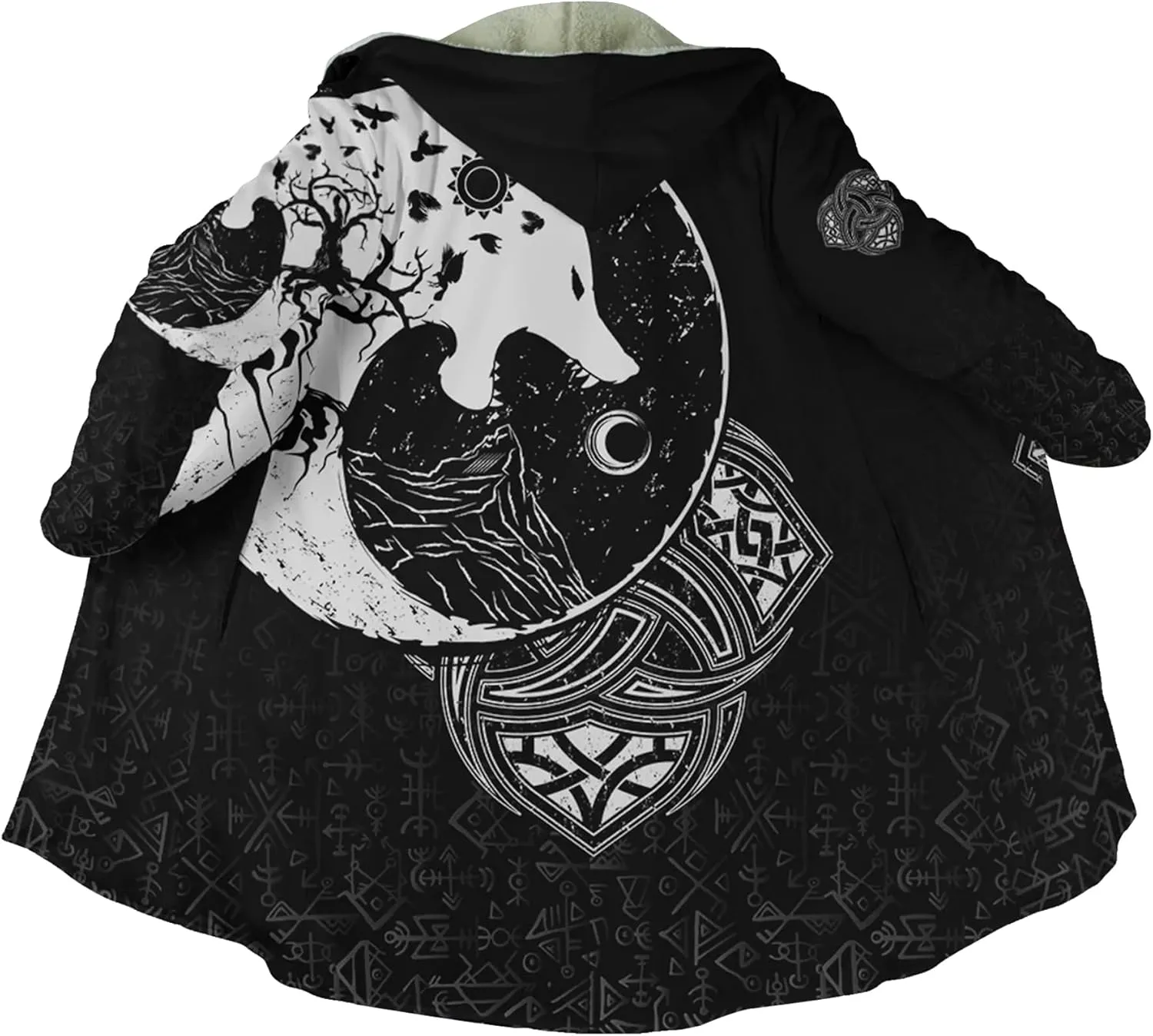 Viking Men's Fall Winter Lightweight Warm Jacket with Hood Norse Myth Fenrir Wolf Cloak Fashion Plus Size Sweater Coat