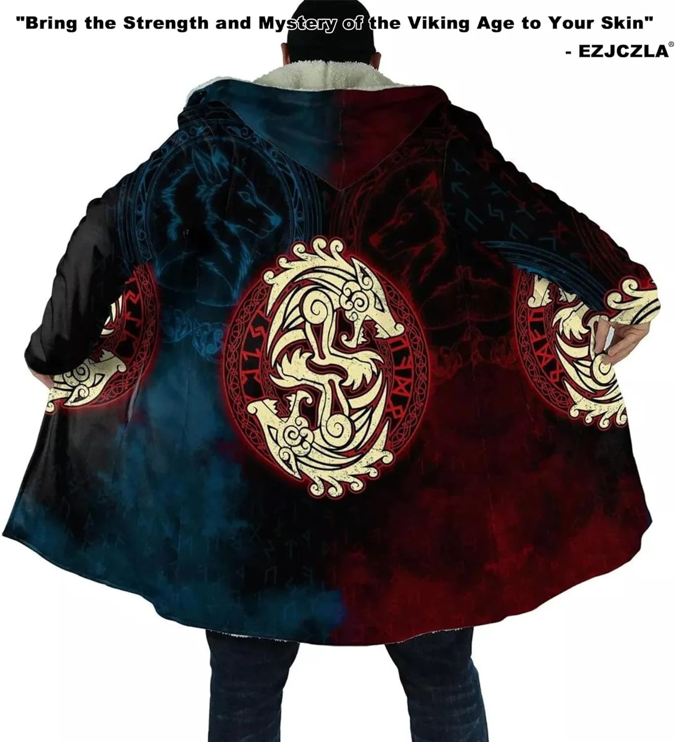 Viking Men's Fall Winter Lightweight Warm Jacket with Hood Norse Myth Fenrir Wolf Cloak Fashion Plus Size Sweater Coat