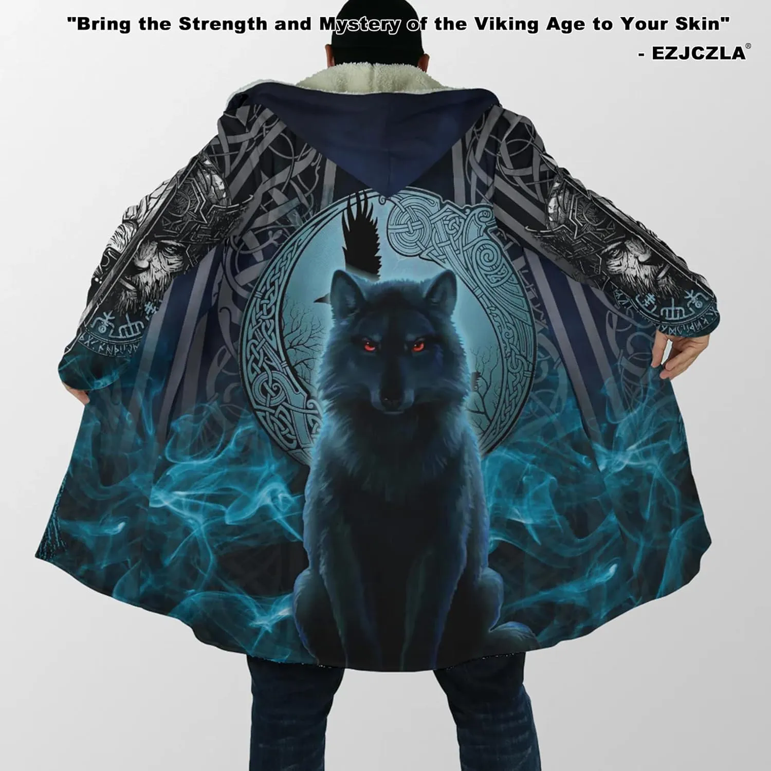 Viking Men's Fall Winter Lightweight Warm Jacket with Hood Norse Myth Fenrir Wolf Cloak Fashion Plus Size Sweater Coat