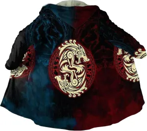 Viking Men's Fall Winter Lightweight Warm Jacket with Hood Norse Myth Fenrir Wolf Cloak Fashion Plus Size Sweater Coat