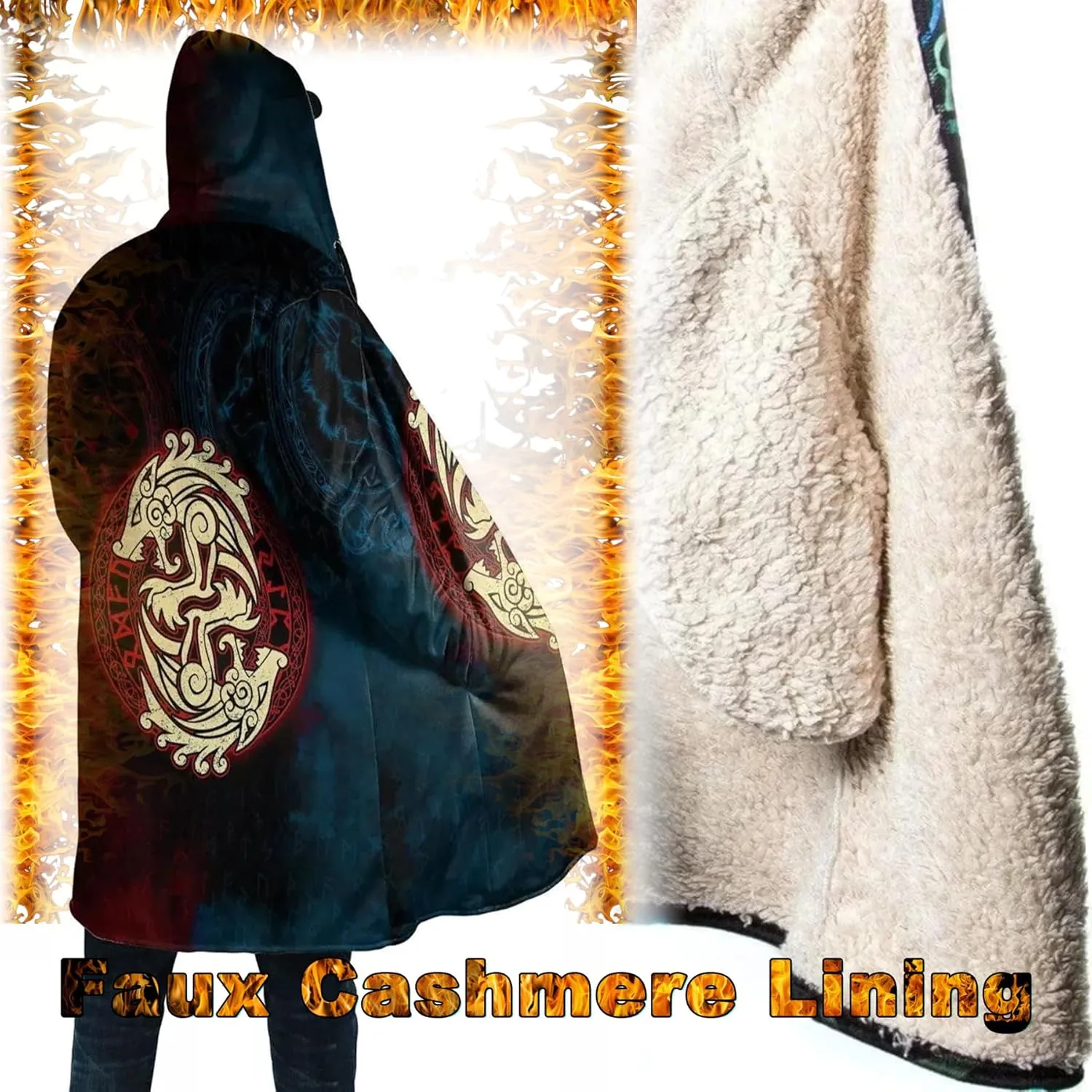 Viking Men's Fall Winter Lightweight Warm Jacket with Hood Norse Myth Fenrir Wolf Cloak Fashion Plus Size Sweater Coat