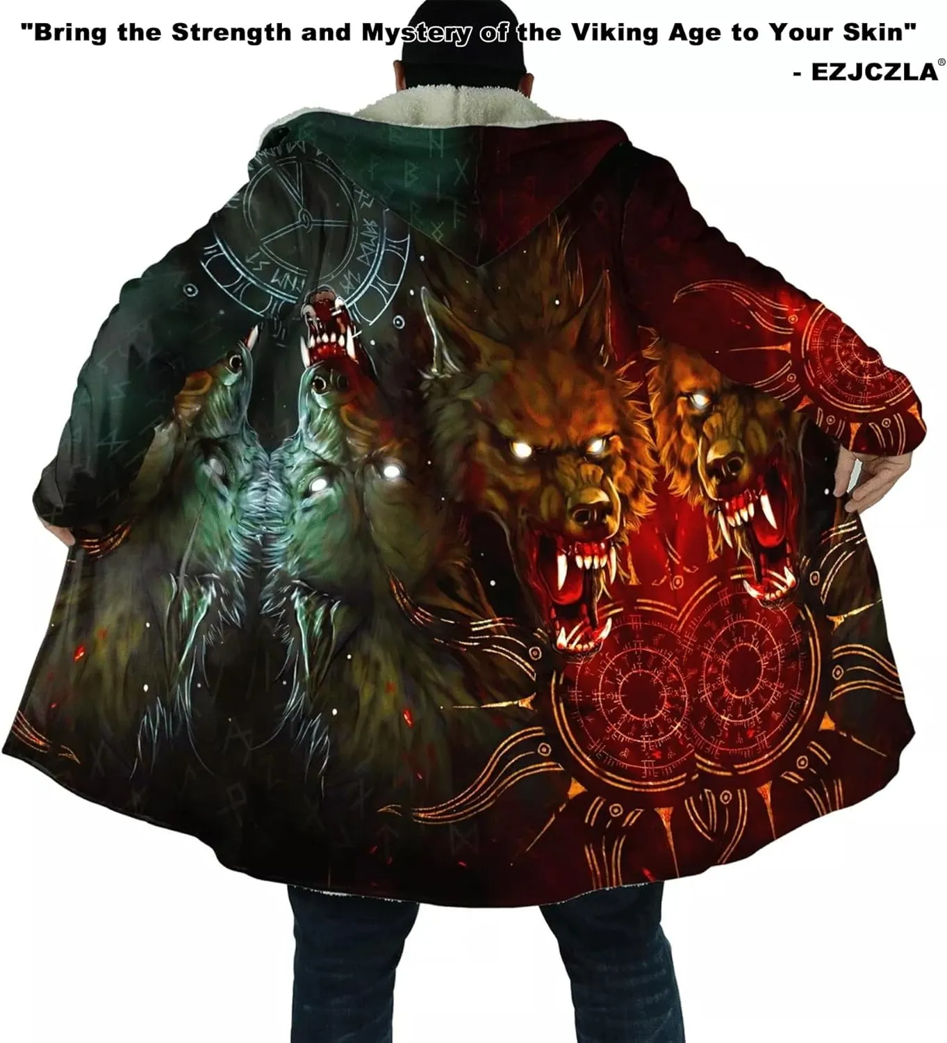 Viking Men's Fall Winter Lightweight Warm Jacket with Hood Norse Myth Fenrir Wolf Cloak Fashion Plus Size Sweater Coat