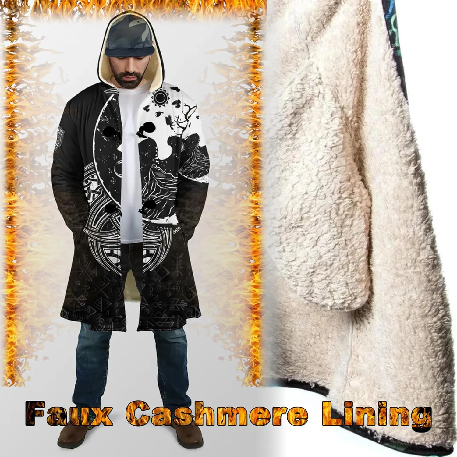 Viking Men's Fall Winter Lightweight Warm Jacket with Hood Norse Myth Fenrir Wolf Cloak Fashion Plus Size Sweater Coat