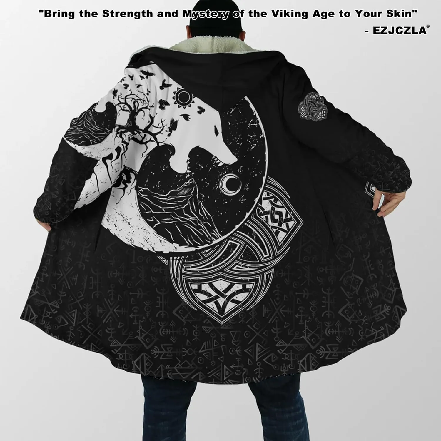 Viking Men's Fall Winter Lightweight Warm Jacket with Hood Norse Myth Fenrir Wolf Cloak Fashion Plus Size Sweater Coat